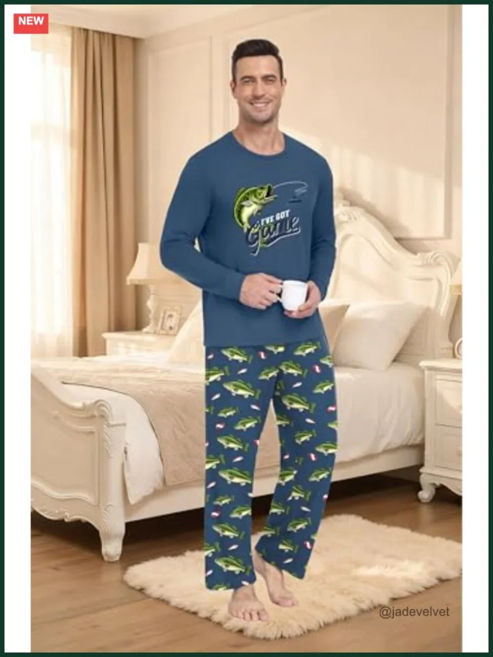 Men's Fishing Bass Pajama Set Long Sleeve Lightweight Sleepwear Loungewear